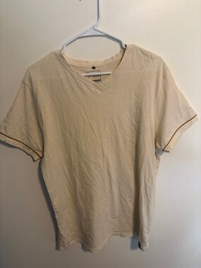 Men's Cream V-Neck Short Sleeve Tee with Contrast Trim